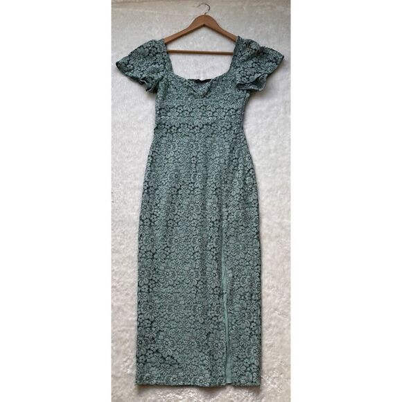 NWT Zara Green Lace V-Neck Short Sleeve Front Slit Hem Midi Dress, Size Small - Picture 12 of 16